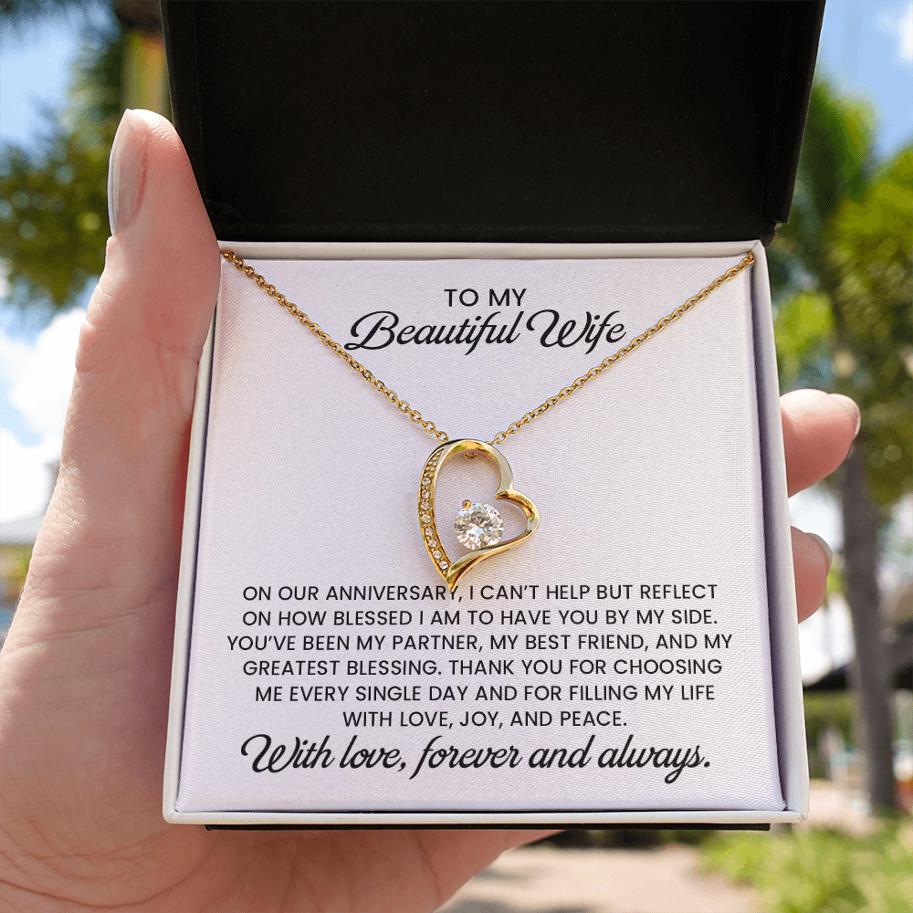 Beautiful Wife Anniversary Gift, Forever Love Gold Pendant Necklace With Heartfelt Message Card