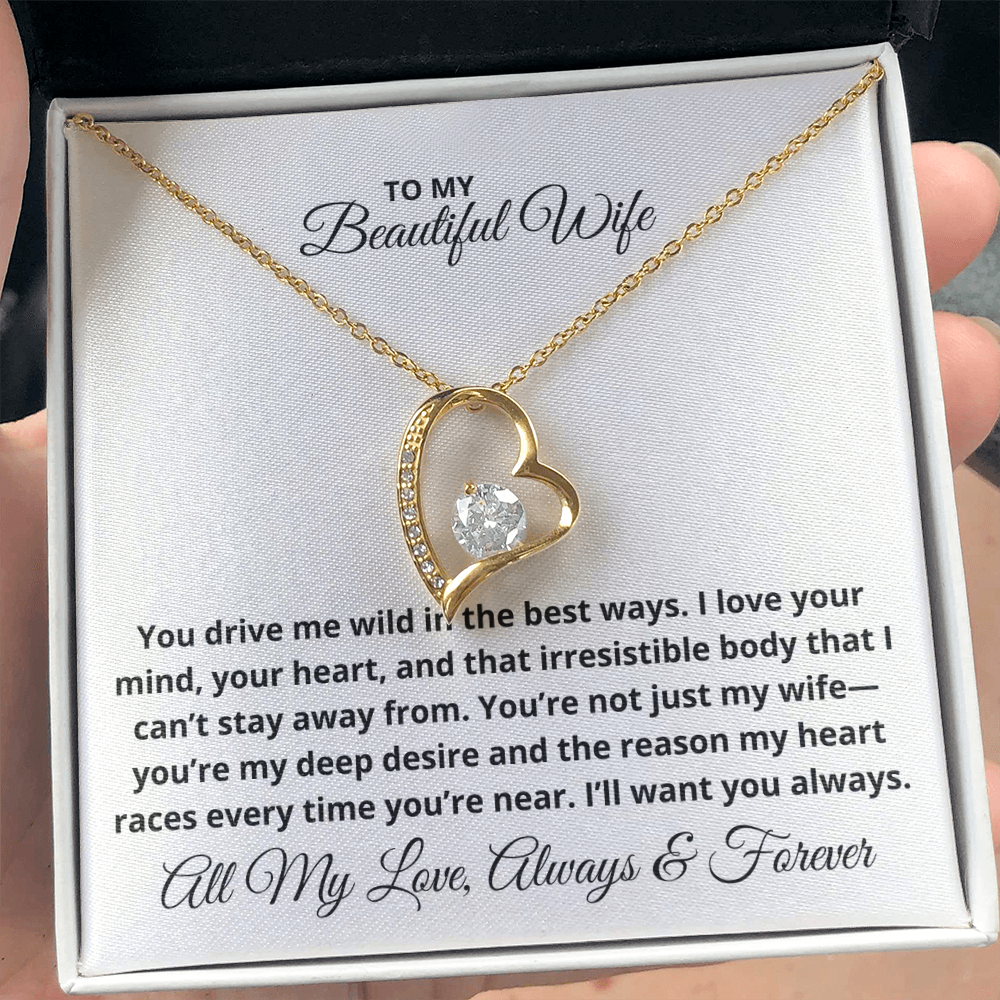To My Beautiful Wife - Christmas, Anniversary, Birthday Gift, Forever Love Gold Pendant Necklace With Heartfelt Message Card