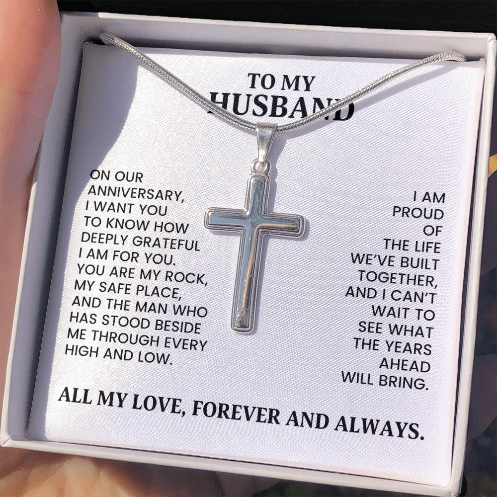 To My Husband Anniversary Gift - Gold Artisan Cross Necklace With Heartfelt Message Card