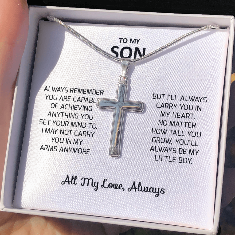 To My Son Gift For Christmas, Birthday, Graduation - Artisan Cross Necklace In Gold Or Stainless Steel With Heartfelt Message Card