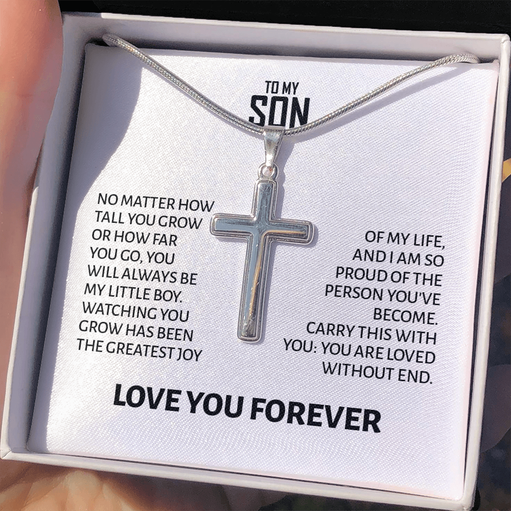 To My Son Gift For Christmas, Birthday, Graduation - Artisan Cross Gold Or Stainless Steel Necklace With Heartfelt Message Card