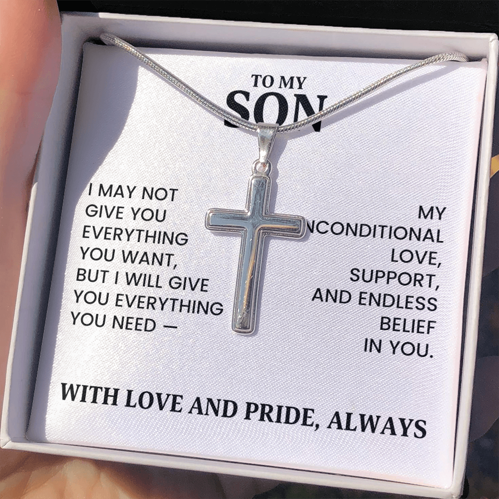 To My Son Christmas, Birthday Gift - Artisan Cross Gold Necklace With Heartfelt Message Card