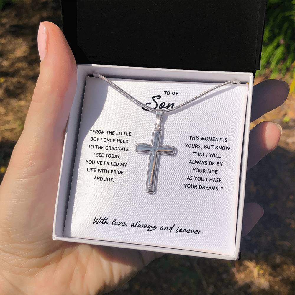 To My Son - Graduation Gold Cross Necklace With Heartfelt Message Card