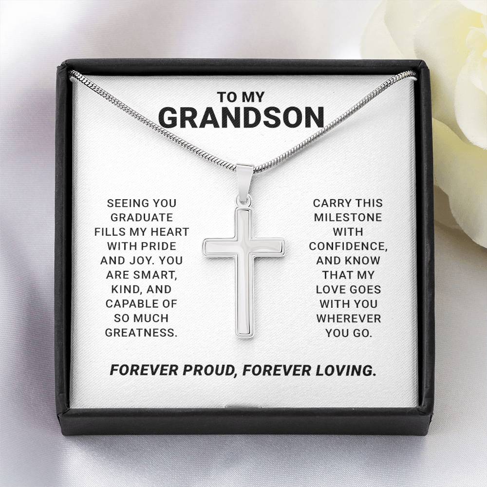 To My Grandson - Graduation Special Occasion Gold Cross Necklace With Heartfelt Message Card