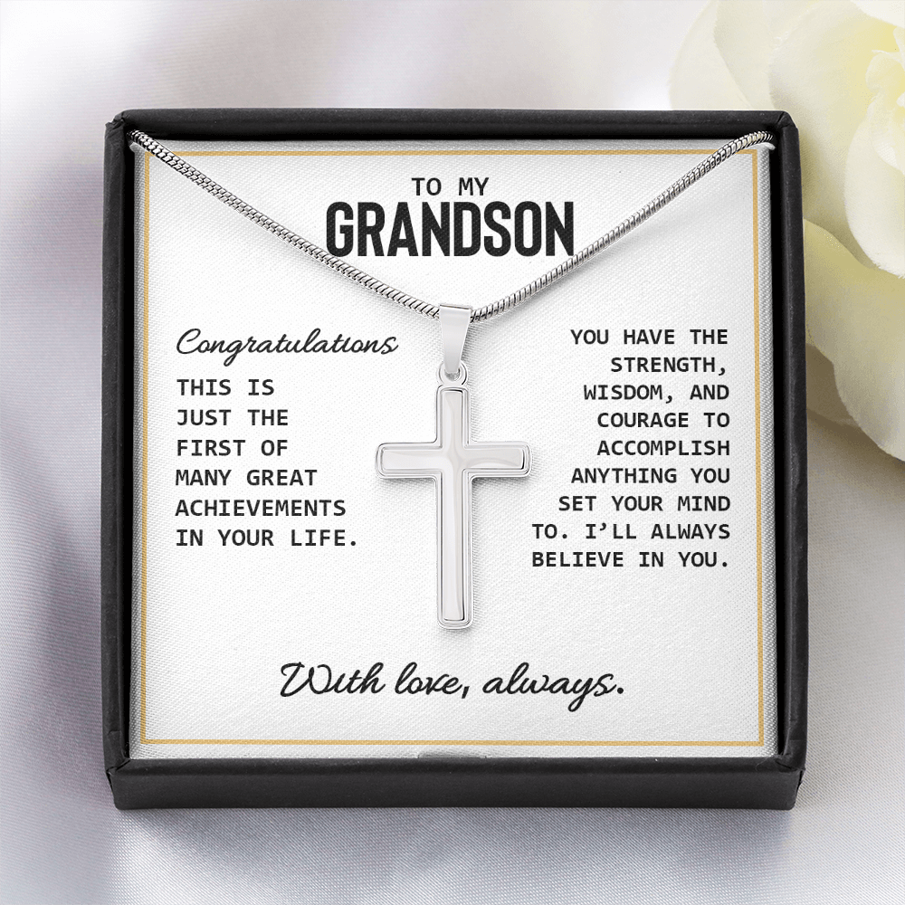 To My Grandson - High School Or College Graduation Or Special Achievement Gift, Men's Cross Necklace With Heartfelt Message Card