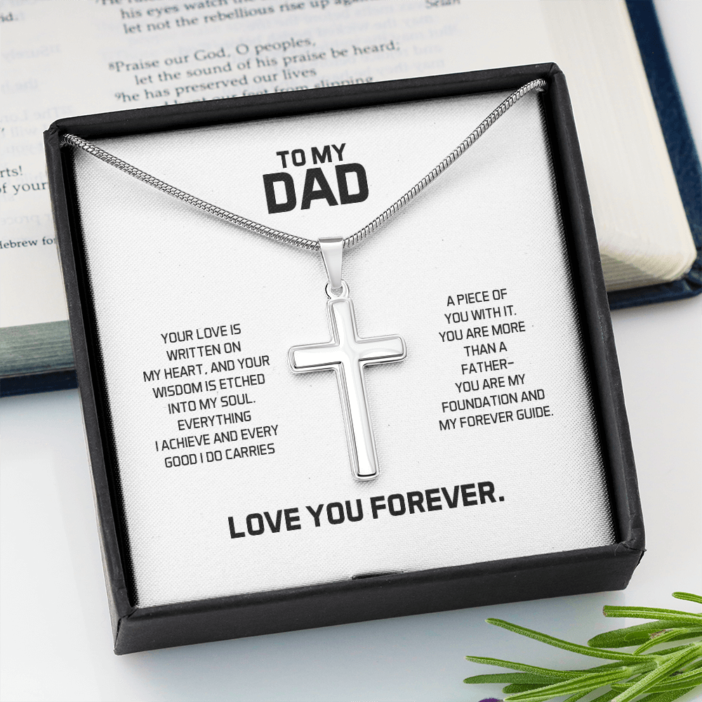 To My Dad Gift For Christmas, Birthday, Special Occasion - Artisan Cross Necklace In Gold Or Stainless Steel With Heartfelt Message Card