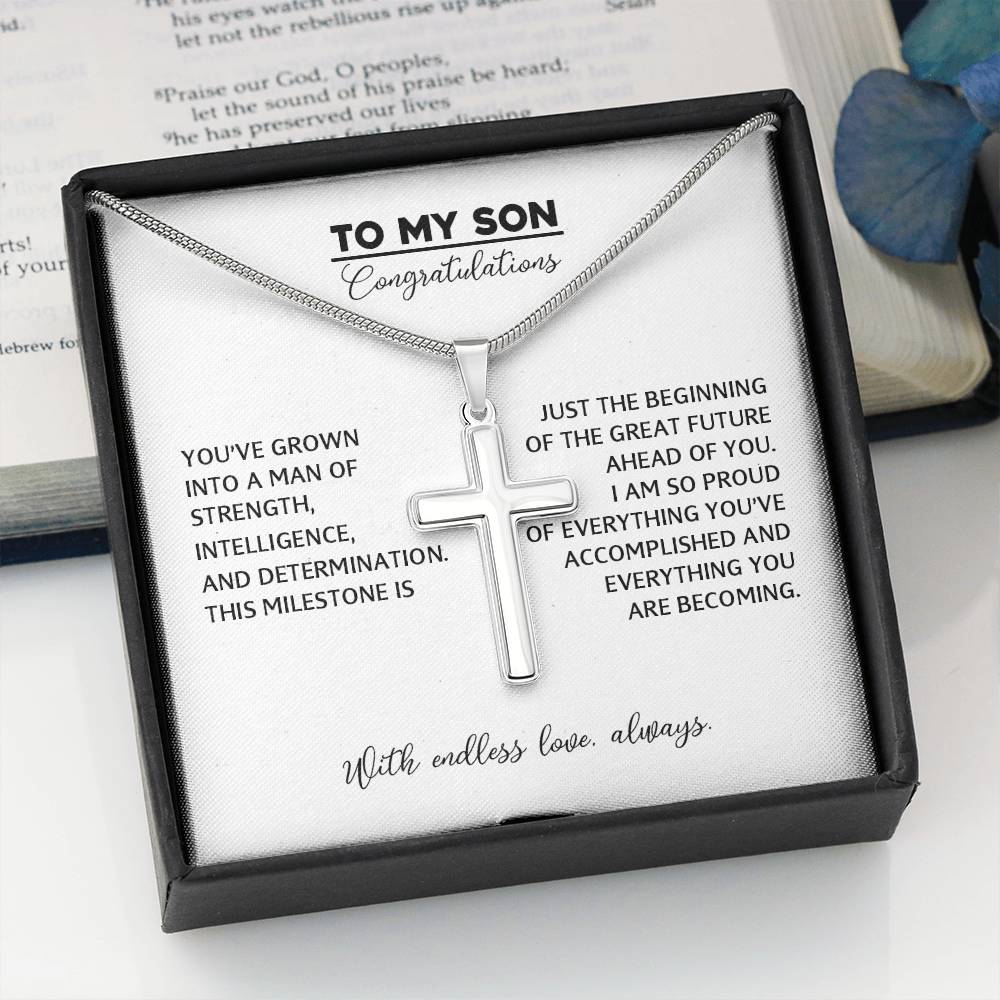 To My Son - Graduation Gift From Mom or Dad, High School or College Graduation Gift, Men's Cross Necklace With Heartfelt Message Card