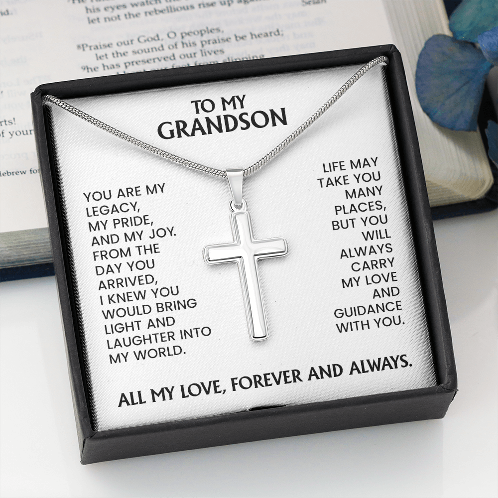 Grandson Gift For Christmas, Birthday, Graduation - Artisan Cross In Gold Or Stainless Steel With Heartfelt Message Card