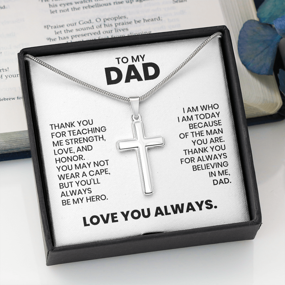 Dad Gift For Christmas, Birthday, Father's Day - Artisan Cross Gold Or Stainless Steel Necklace With Heartfelt Message Card