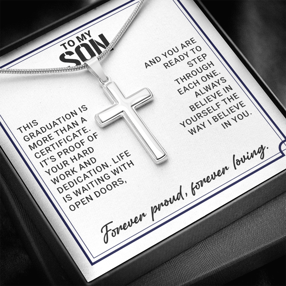 To My Son - High School Or College Graduation Gift From Mom Or Dad, Men's Cross Necklace With Heartfelt Message Card