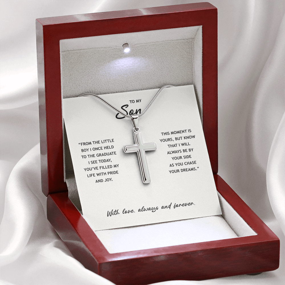 To My Son - Graduation Gold Cross Necklace With Heartfelt Message Card