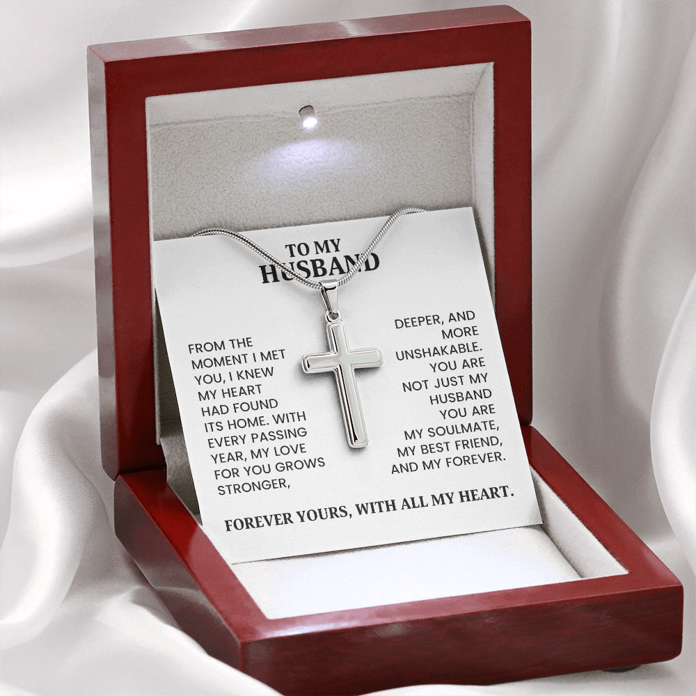To My Husband - Christmas, Anniversary, Birthday Gift, Artisan Cross Gold Necklace With Heartfelt Message Card