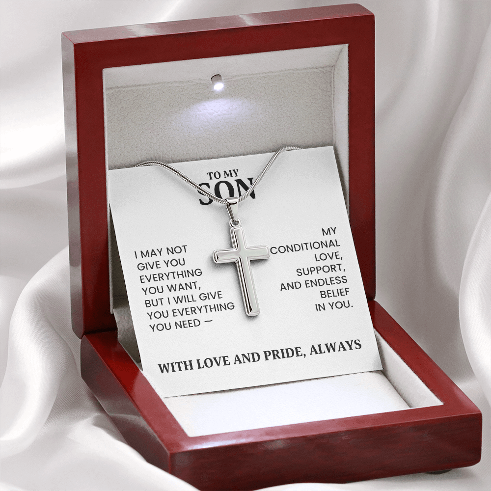 To My Son Christmas, Birthday Gift - Artisan Cross Gold Necklace With Heartfelt Message Card