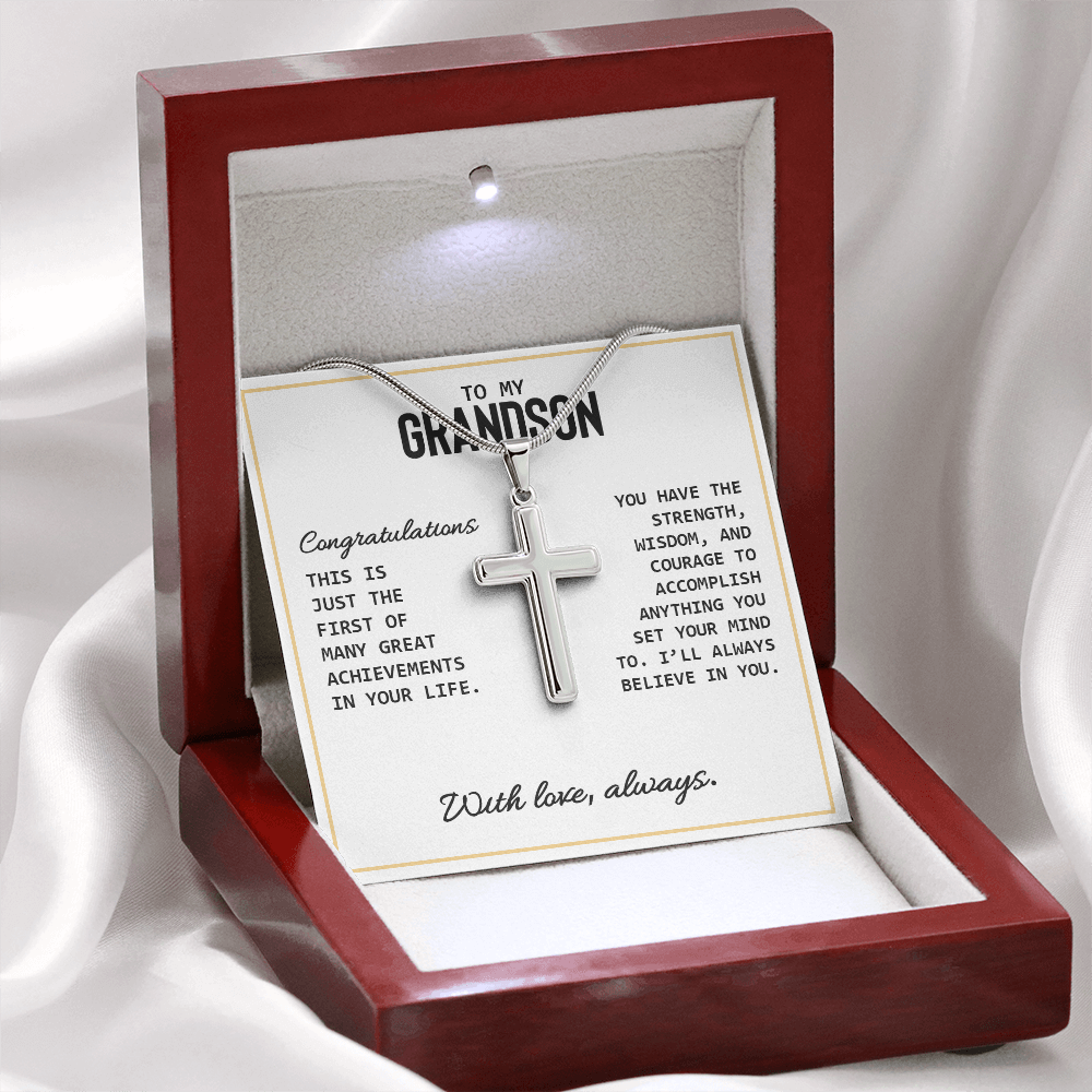To My Grandson - High School Or College Graduation Or Special Achievement Gift, Men's Cross Necklace With Heartfelt Message Card