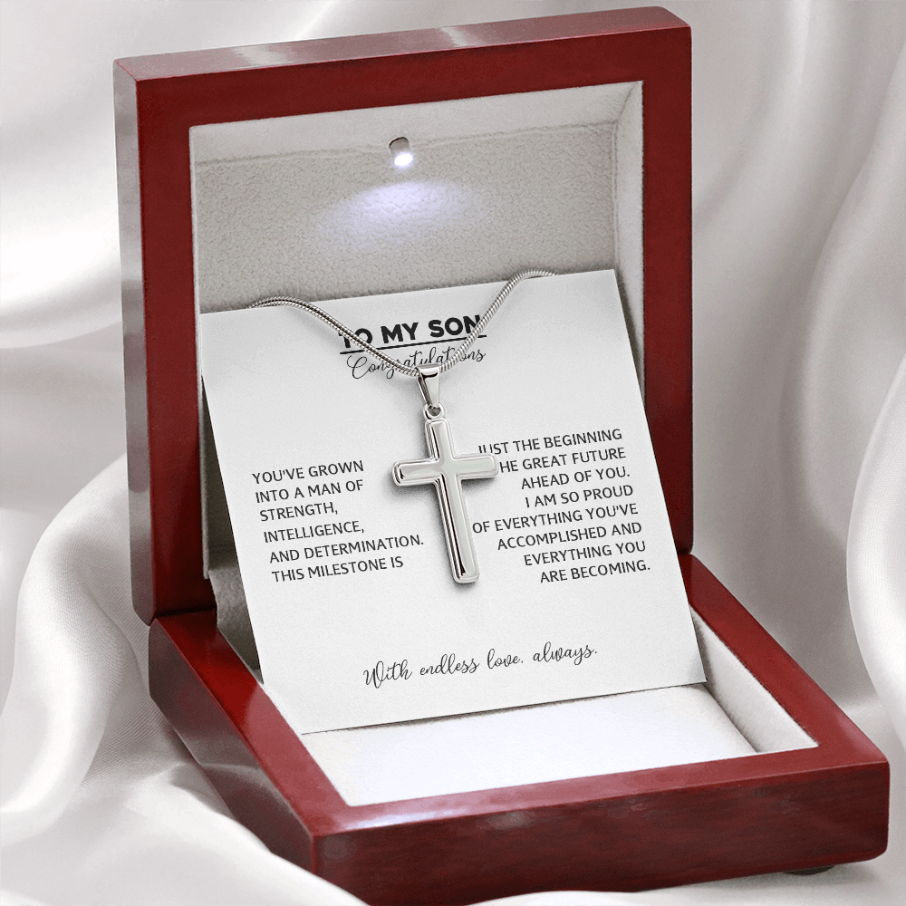 To My Son - Graduation Gift From Mom or Dad, High School or College Graduation Gift, Men's Cross Necklace With Heartfelt Message Card