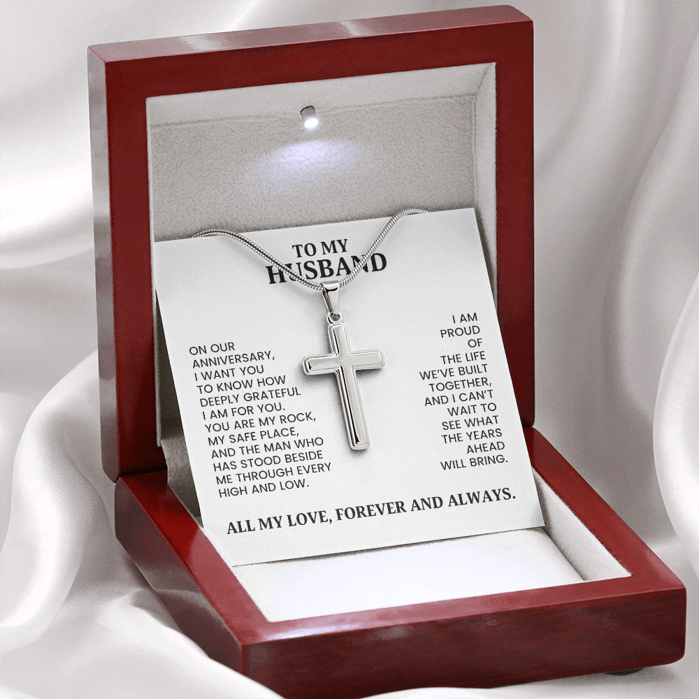 To My Husband Anniversary Gift - Gold Artisan Cross Necklace With Heartfelt Message Card