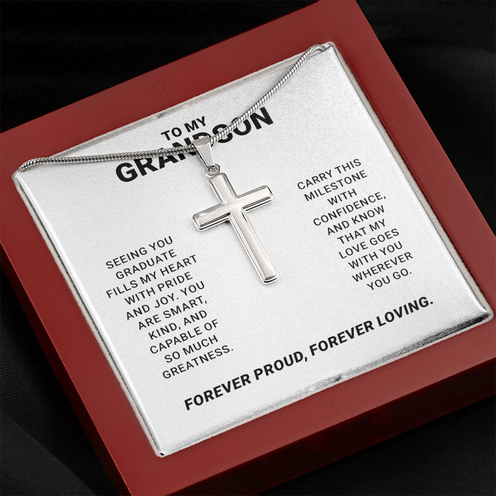 To My Grandson - Graduation Special Occasion Gold Cross Necklace With Heartfelt Message Card