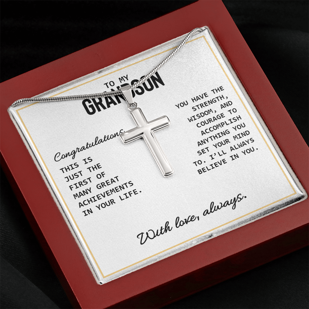 To My Grandson - High School Or College Graduation Or Special Achievement Gift, Men's Cross Necklace With Heartfelt Message Card