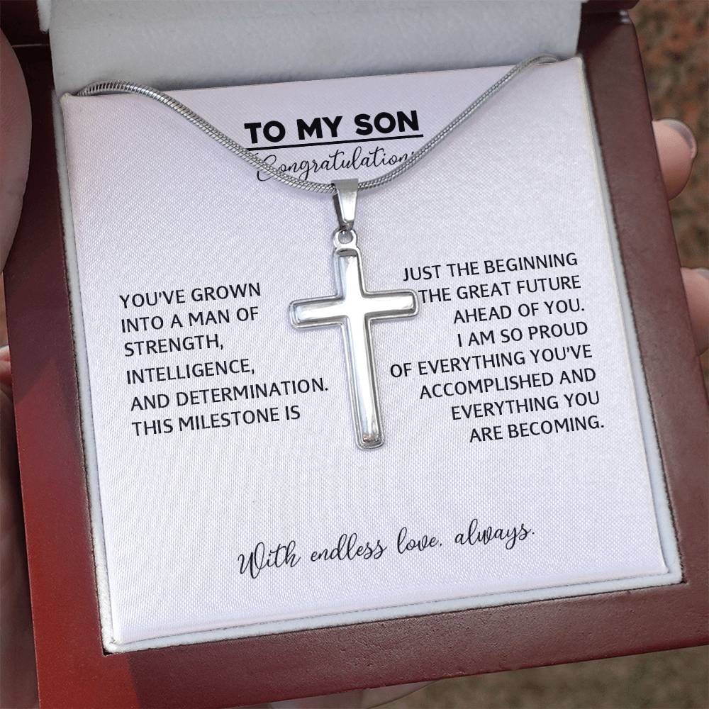 To My Son - Graduation Gift From Mom or Dad, High School or College Graduation Gift, Men's Cross Necklace With Heartfelt Message Card