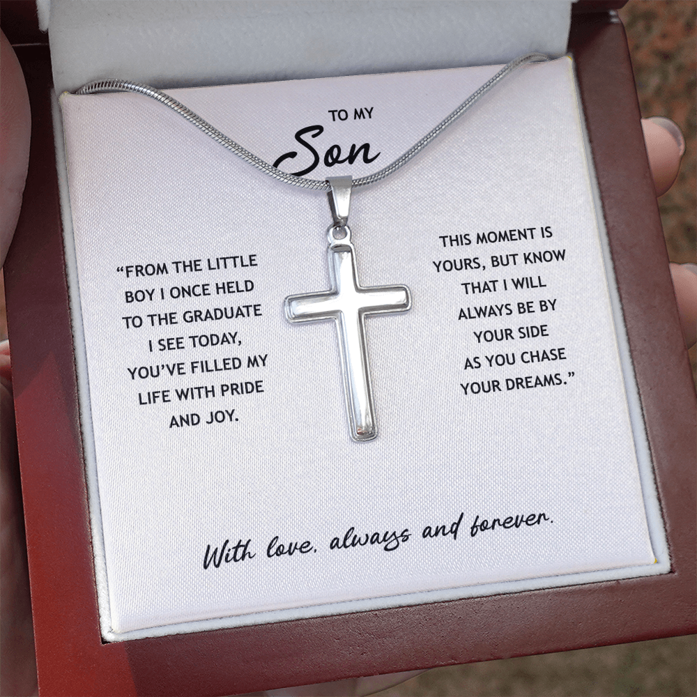To My Son - Graduation Gold Cross Necklace With Heartfelt Message Card