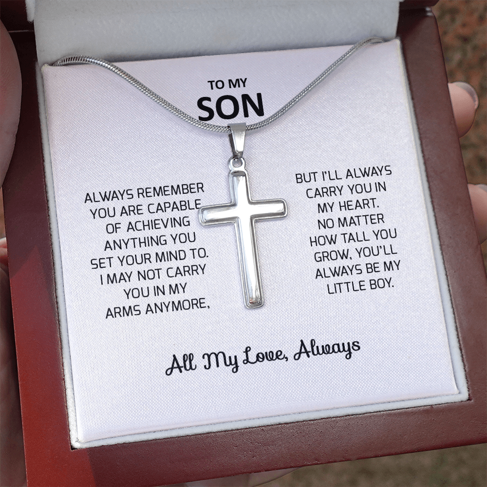 To My Son Gift For Christmas, Birthday, Graduation - Artisan Cross Necklace In Gold Or Stainless Steel With Heartfelt Message Card