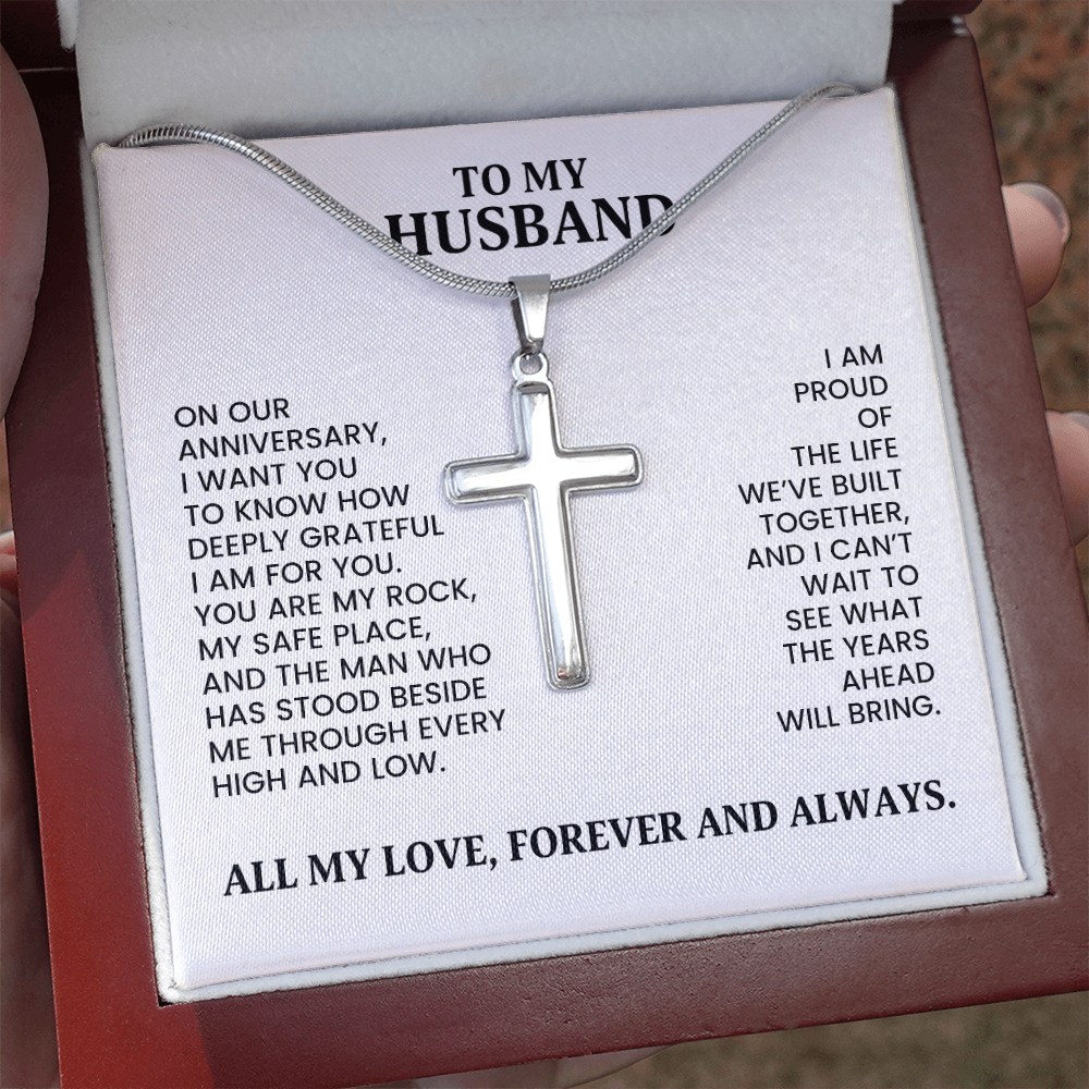 To My Husband Anniversary Gift - Gold Artisan Cross Necklace With Heartfelt Message Card