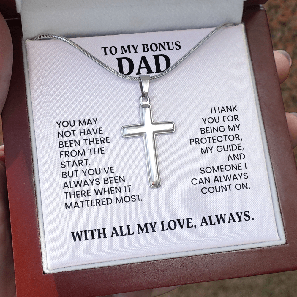 Bonus Dad Gift For Christmas, Birthday, Special Occasion - Artisan Cross Necklace In Gold Or Stainless Steel With Heartfelt Message Card