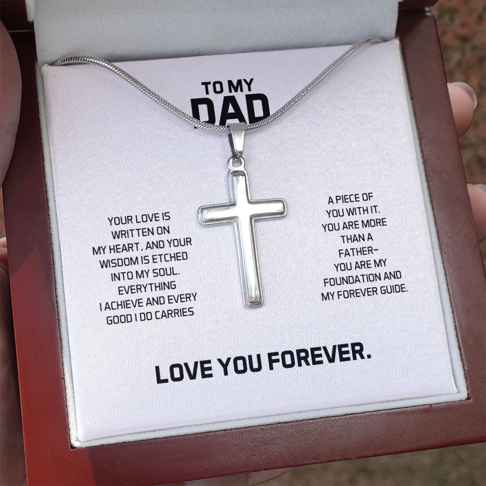To My Dad Gift For Christmas, Birthday, Special Occasion - Artisan Cross Necklace In Gold Or Stainless Steel With Heartfelt Message Card