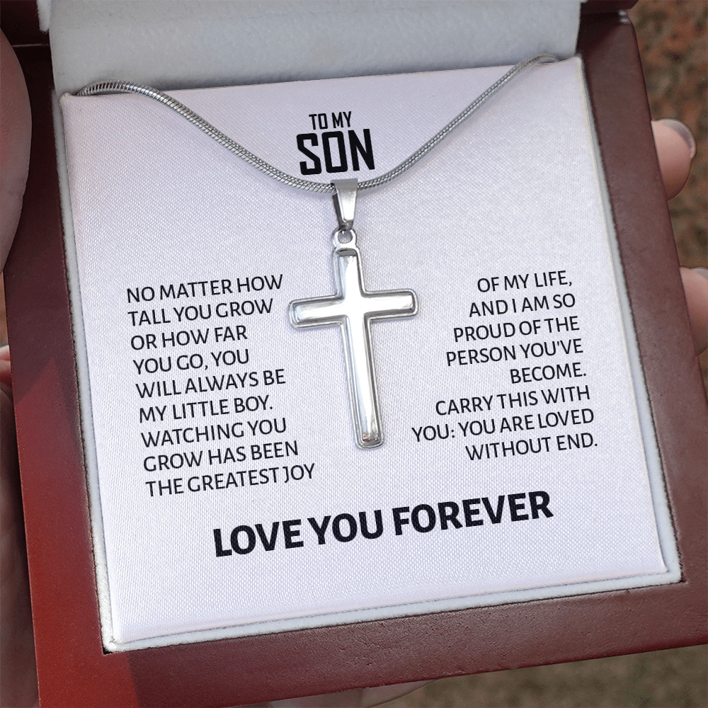 To My Son Gift For Christmas, Birthday, Graduation - Artisan Cross Gold Or Stainless Steel Necklace With Heartfelt Message Card