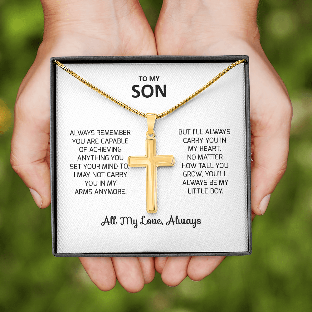 To My Son Gift For Christmas, Birthday, Graduation - Artisan Cross Necklace In Gold Or Stainless Steel With Heartfelt Message Card