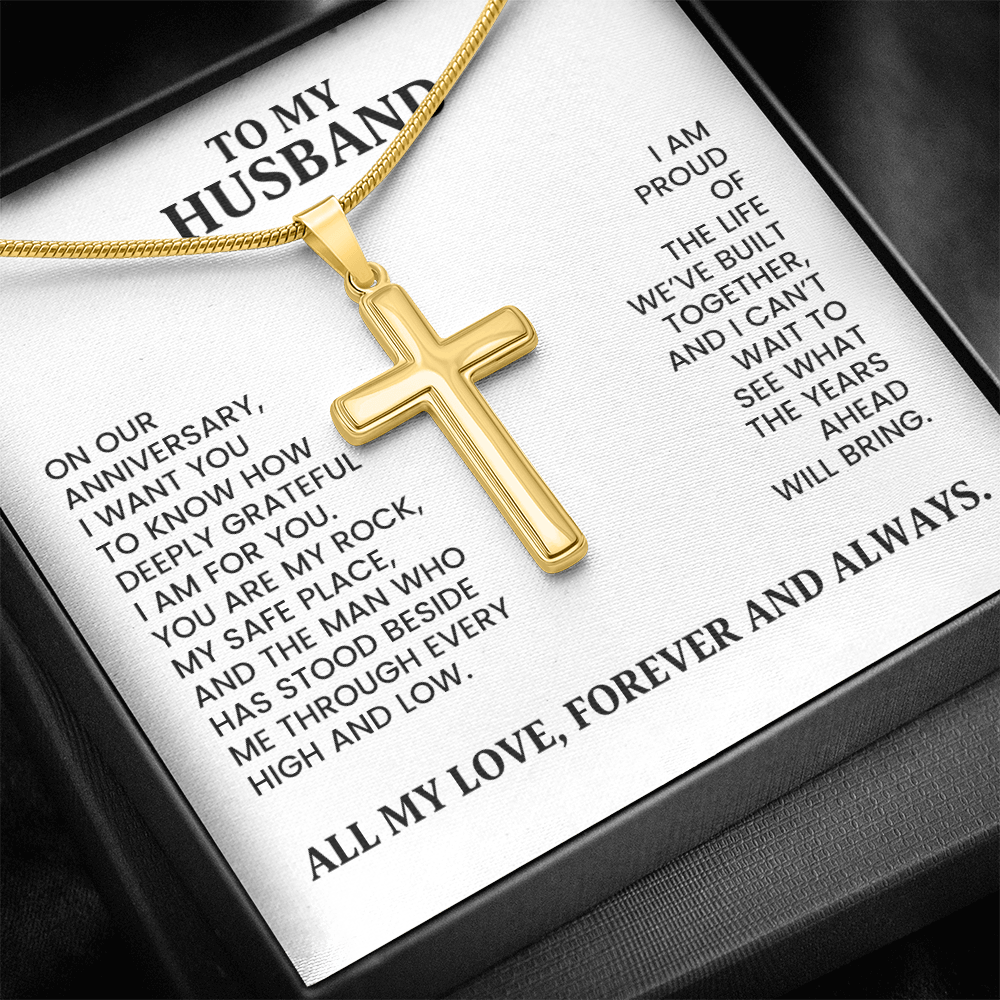 To My Husband Anniversary Gift - Gold Artisan Cross Necklace With Heartfelt Message Card