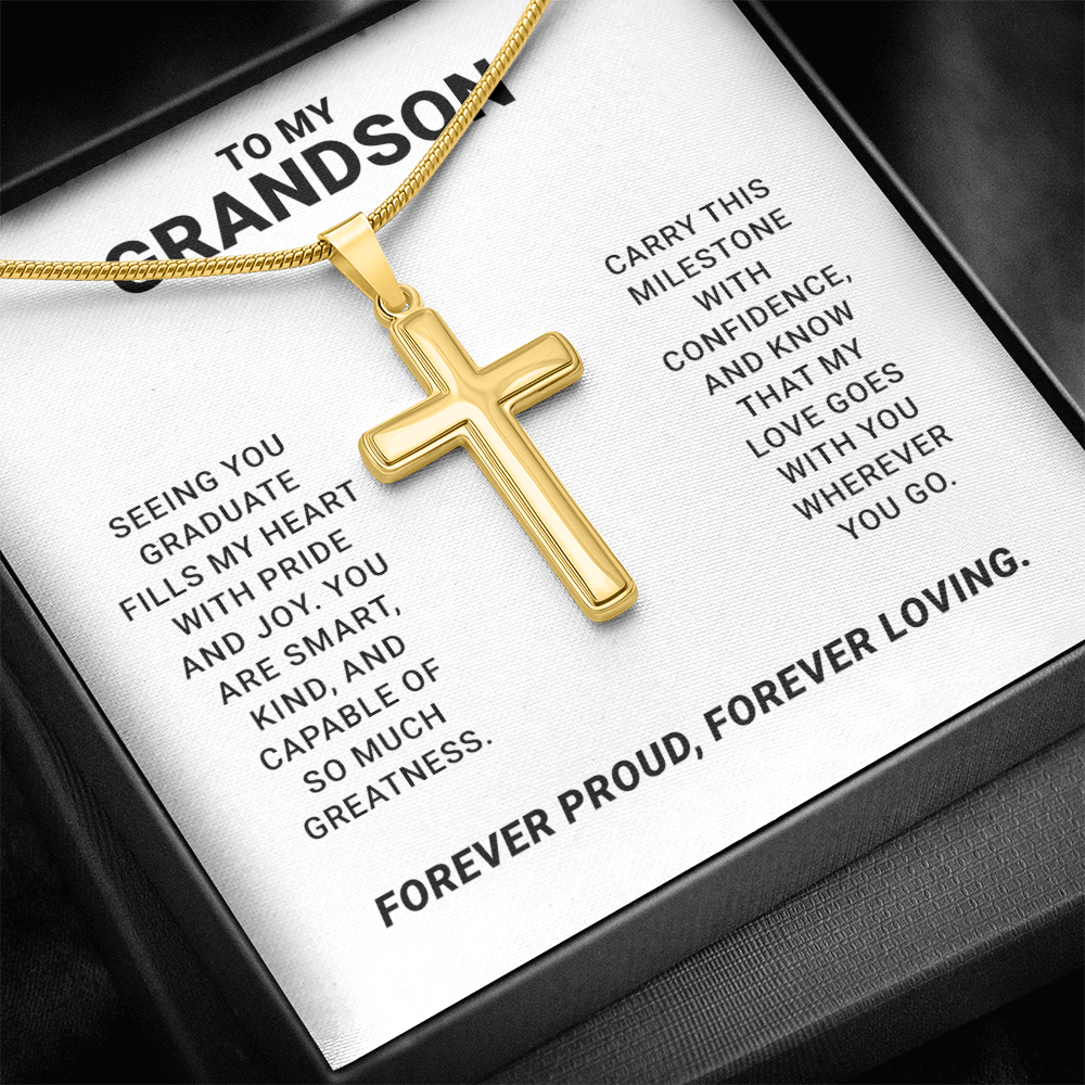 To My Grandson - Graduation Special Occasion Gold Cross Necklace With Heartfelt Message Card