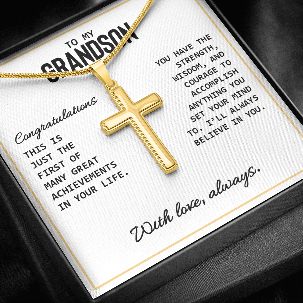 To My Grandson - High School Or College Graduation Or Special Achievement Gift, Men's Cross Necklace With Heartfelt Message Card
