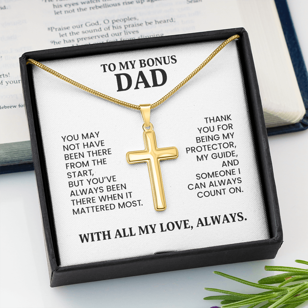 Bonus Dad Gift For Christmas, Birthday, Special Occasion - Artisan Cross Necklace In Gold Or Stainless Steel With Heartfelt Message Card