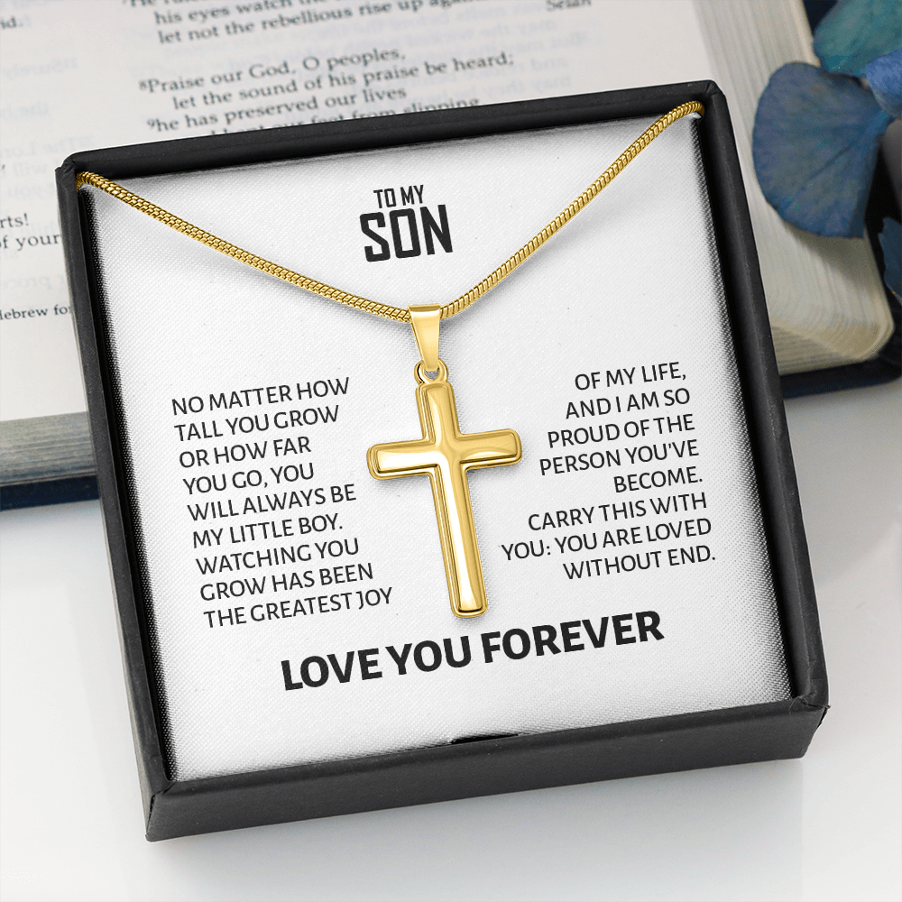 To My Son Gift For Christmas, Birthday, Graduation - Artisan Cross Gold Or Stainless Steel Necklace With Heartfelt Message Card