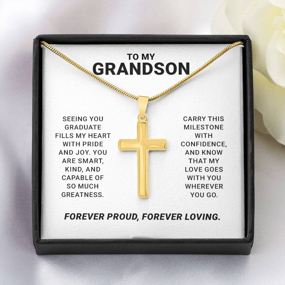 To My Grandson - Graduation Special Occasion Gold Cross Necklace With Heartfelt Message Card