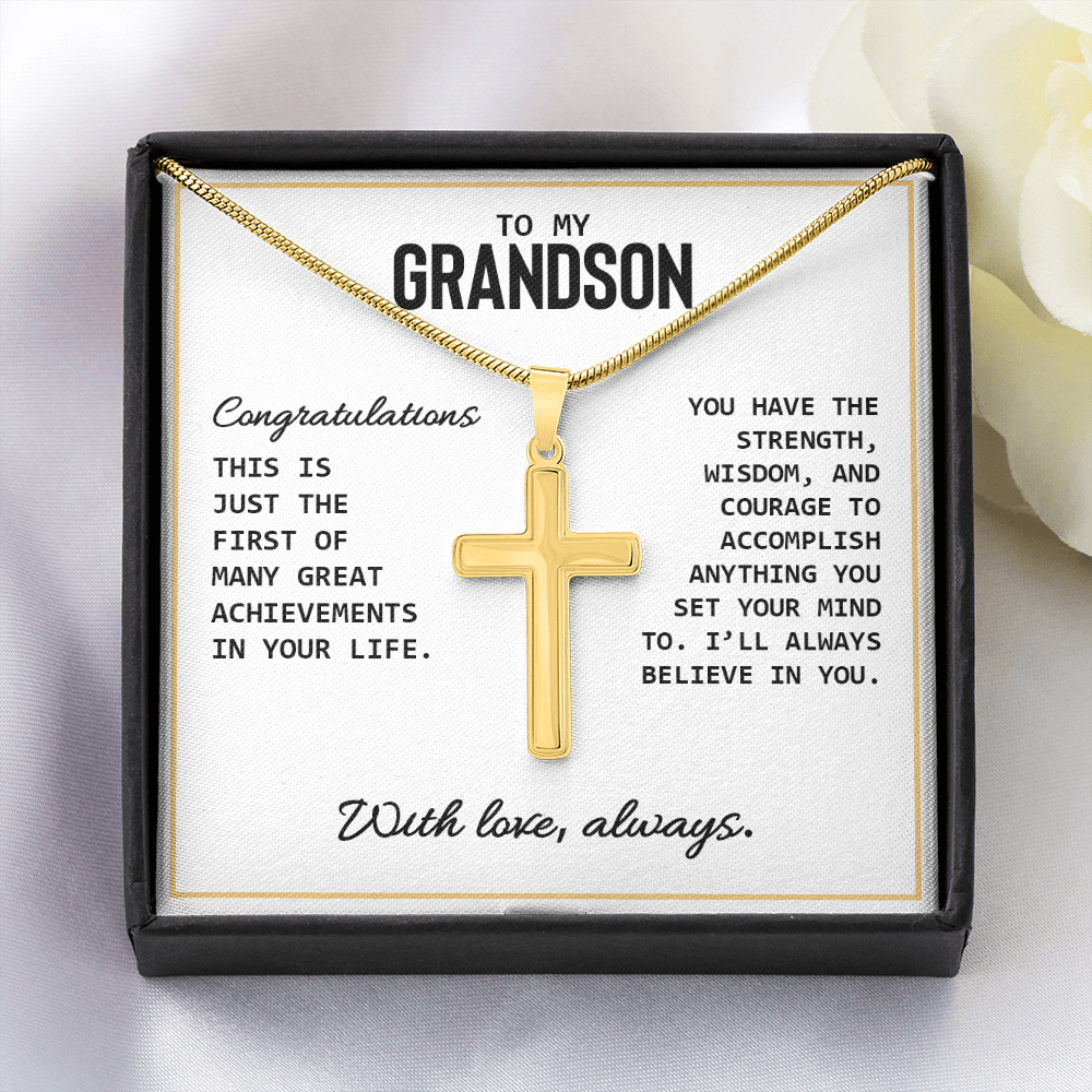 To My Grandson - High School Or College Graduation Or Special Achievement Gift, Men's Cross Necklace With Heartfelt Message Card