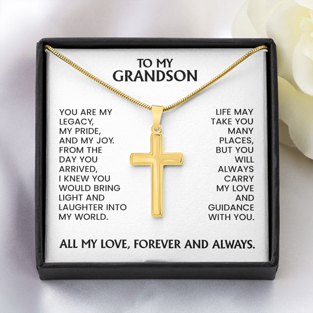 Grandson Gift For Christmas, Birthday, Graduation - Artisan Cross In Gold Or Stainless Steel With Heartfelt Message Card