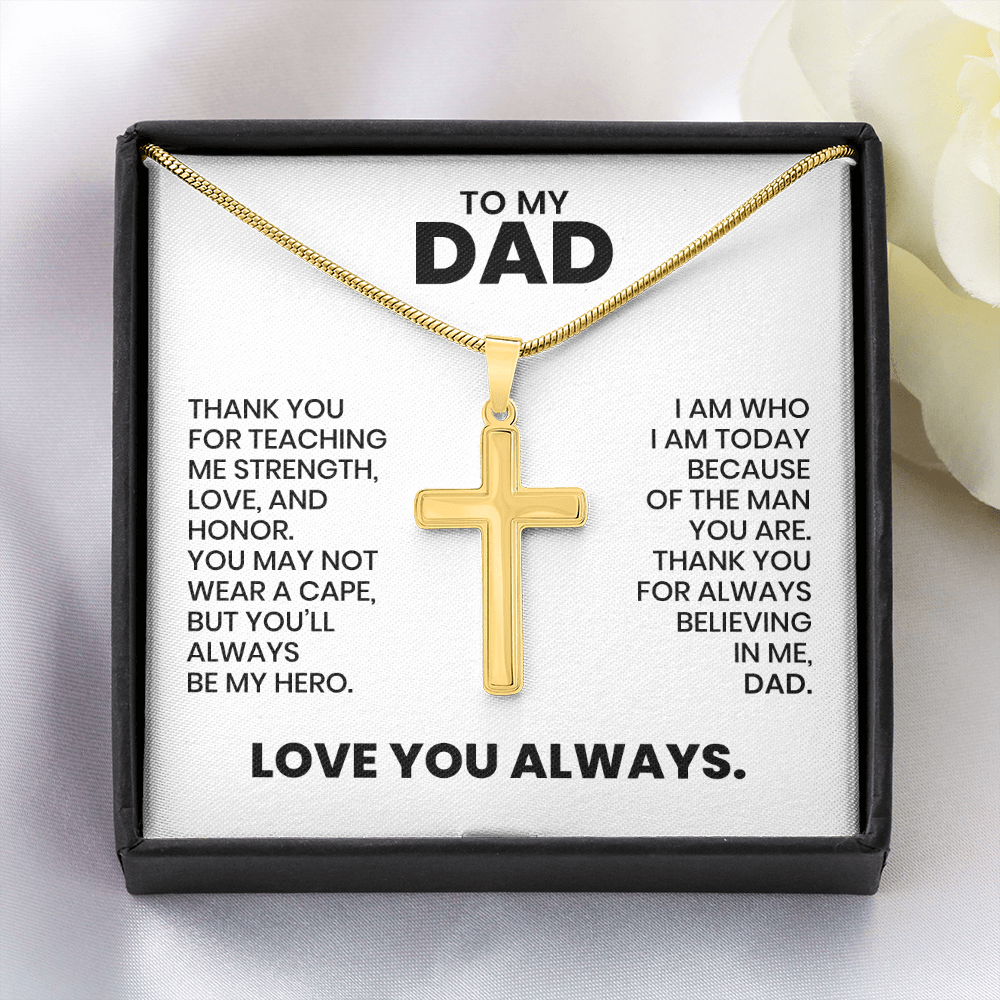 Dad Gift For Christmas, Birthday, Father's Day - Artisan Cross Gold Or Stainless Steel Necklace With Heartfelt Message Card