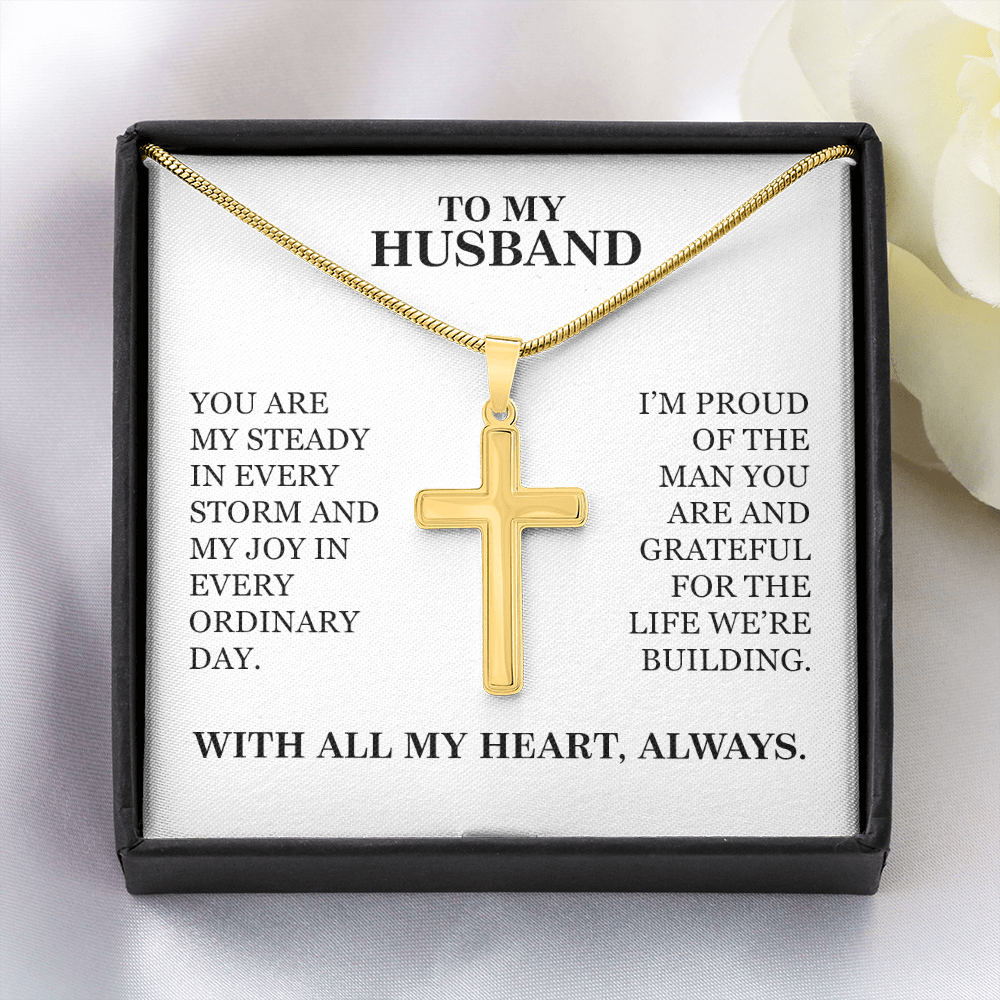 To My Husband - Christmas, Anniversary, Birthday, Special Occasion Gold Cross Necklace With Heartfelt Message Card
