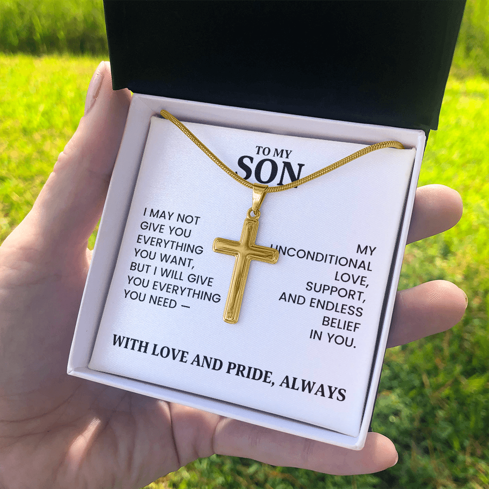 To My Son Christmas, Birthday Gift - Artisan Cross Gold Necklace With Heartfelt Message Card