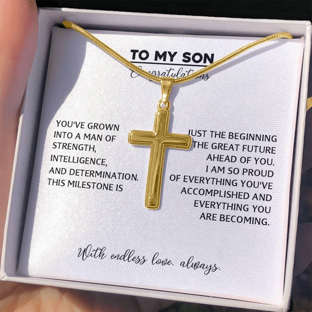 To My Son - Graduation Gift From Mom or Dad, High School or College Graduation Gift, Men's Cross Necklace With Heartfelt Message Card