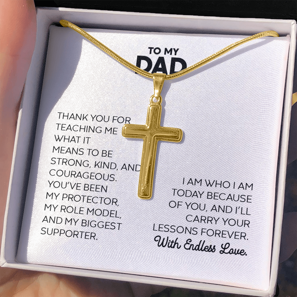 Dad Gift For Christmas, Birthday, Or Special Occasion - Artisan Cross Gold Pendant Necklace With Heartfelt Message Card