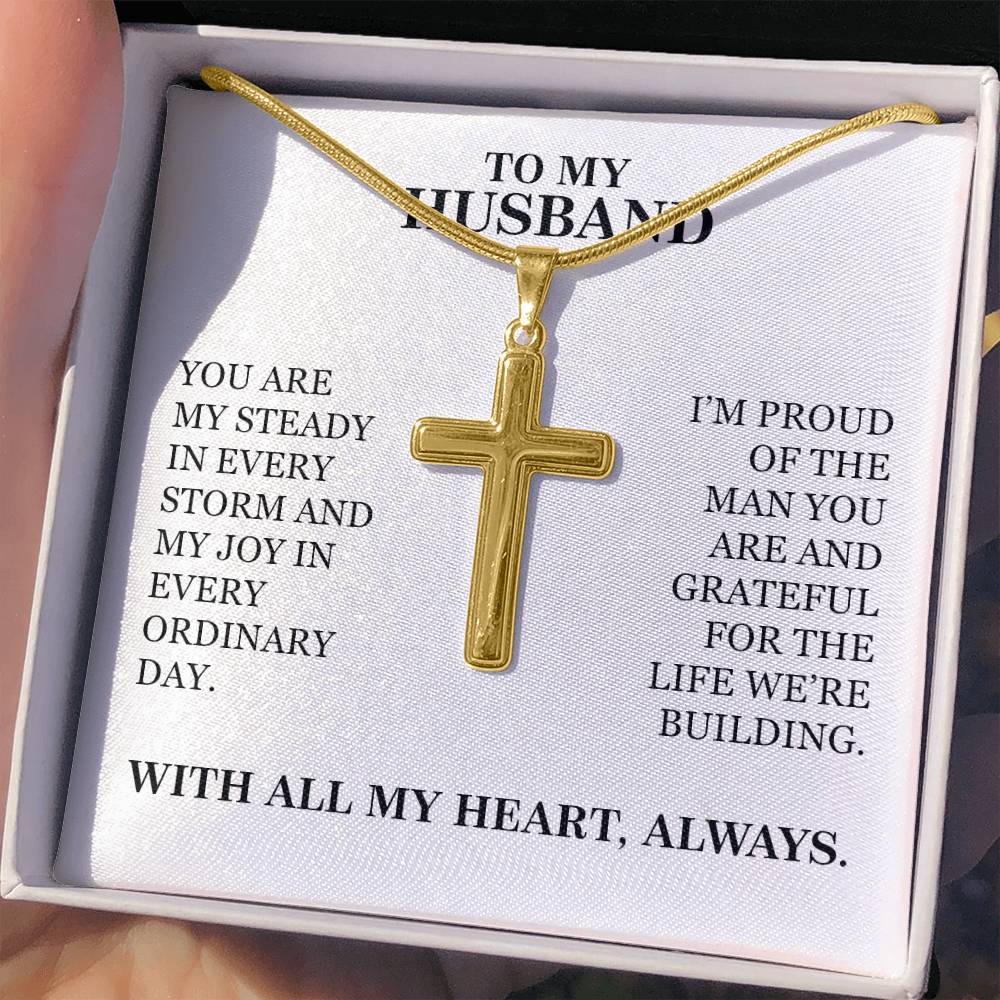 To My Husband - Christmas, Anniversary, Birthday, Special Occasion Gold Cross Necklace With Heartfelt Message Card