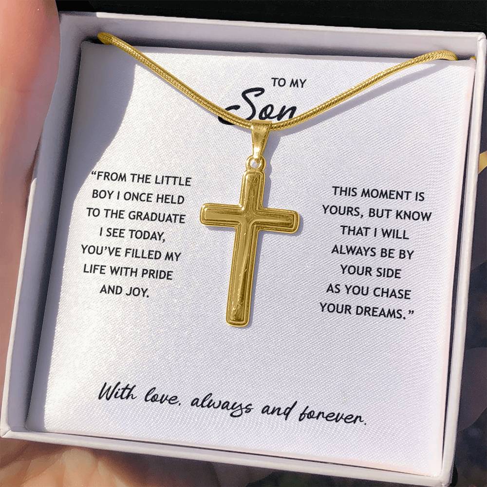 To My Son - Graduation Gold Cross Necklace With Heartfelt Message Card