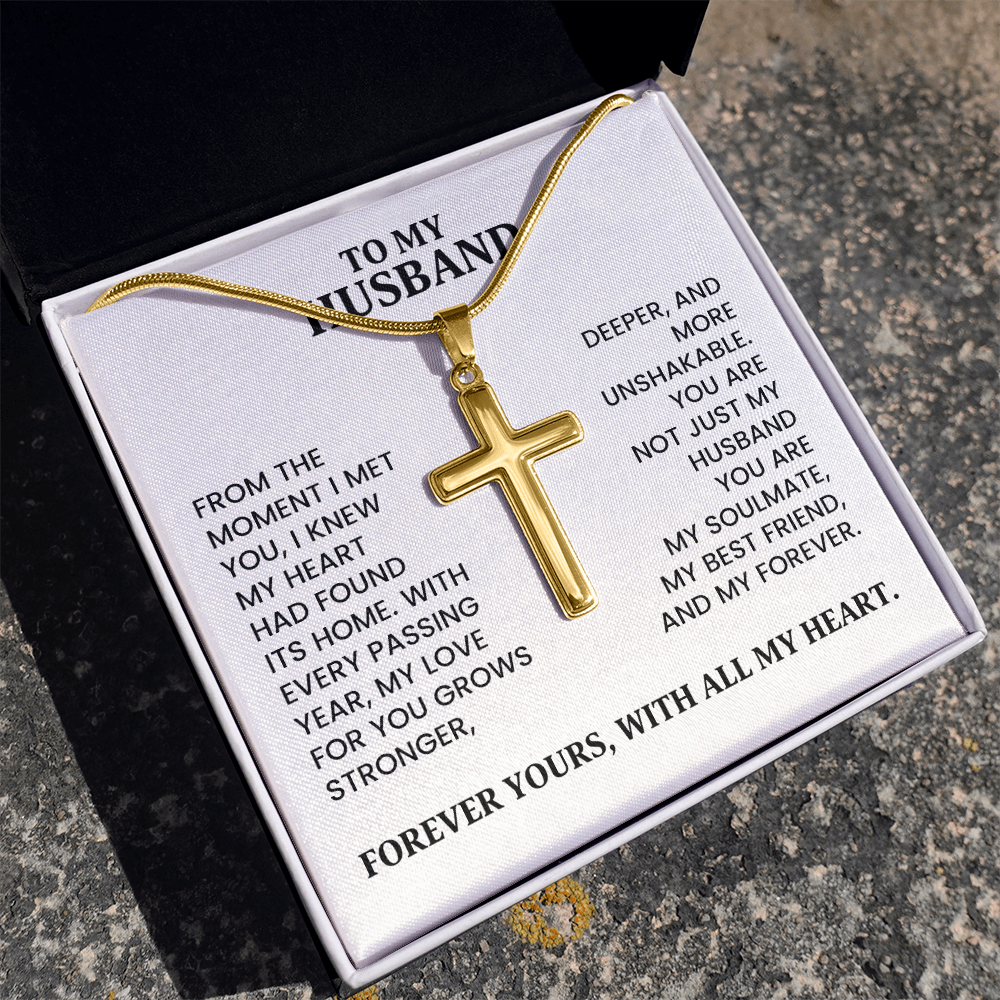 To My Husband - Christmas, Anniversary, Birthday Gift, Artisan Cross Gold Necklace With Heartfelt Message Card