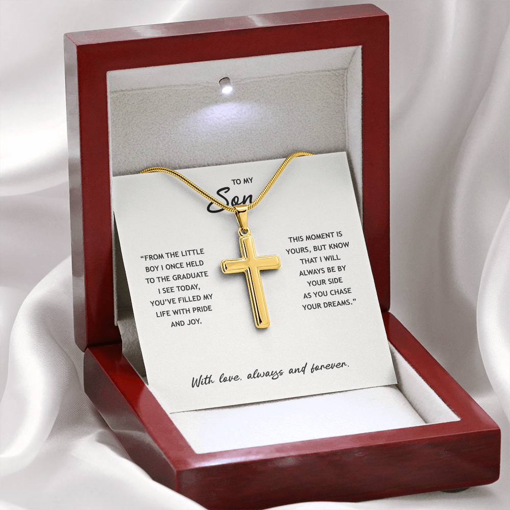 To My Son - Graduation Gold Cross Necklace With Heartfelt Message Card