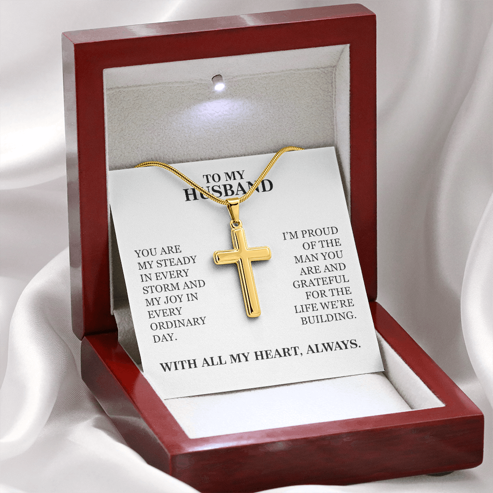 To My Husband - Christmas, Anniversary, Birthday, Special Occasion Gold Cross Necklace With Heartfelt Message Card