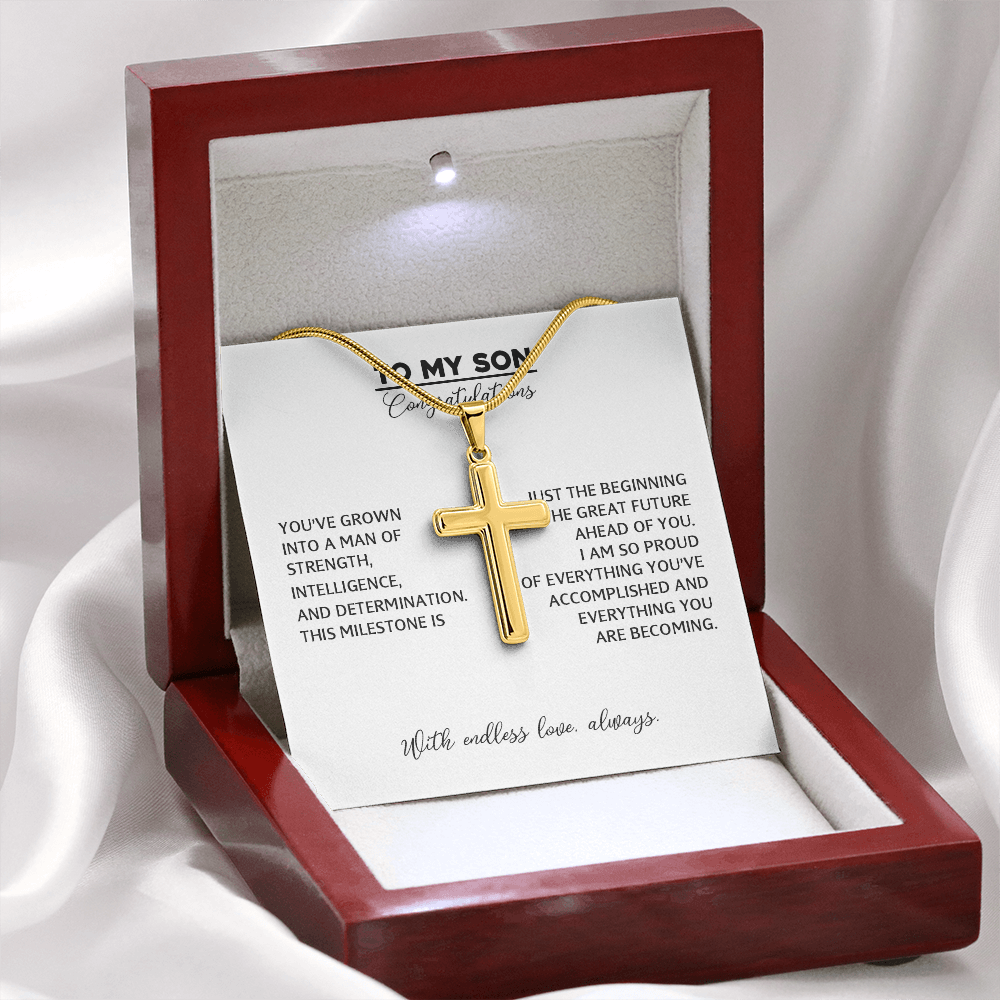 To My Son - Graduation Gift From Mom or Dad, High School or College Graduation Gift, Men's Cross Necklace With Heartfelt Message Card