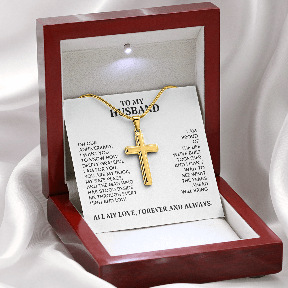 To My Husband Anniversary Gift - Gold Artisan Cross Necklace With Heartfelt Message Card